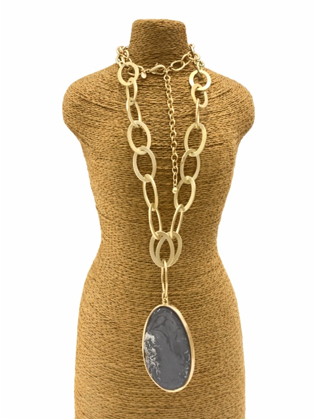 Chico’s Statement Gold Chain Link Necklace with Gray Stone Pendant